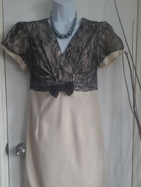 Cream Dress with Black Lace Bodice and Bow #025703